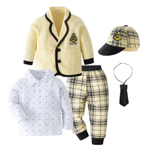 Traje formal de estilo caliente para niños Traje de primavera y otoño 5 piezas Camisa estampada de caballero y pantalones a cuadros para niños - Product Image 1