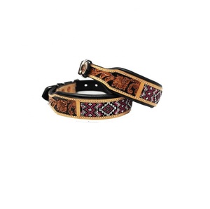 Manufacturer's Highest Quality Eco-Friendly Cow Leather <b>Dog</b> <b>Collar</b> Solid Pattern Soft Padded <b>Beaded</b> Hand Carved Customized - Product Image 1