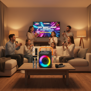 ระบบเสียงพกพาแบบดีลักซ์ พร้อมคาราโอเกะ ไมโครโฟนไร้สาย 2 ตัว สำหรับลำโพง RGB ช่องต่อ Aux แบตเตอรี่ในตัว ปรับเสียงเบส/เสียงแหลมได้ - Product Image 5