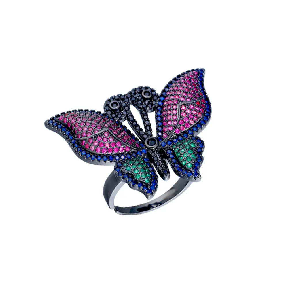 Réglable Grand Papillon Anneau Noir Plaqué Or Coloré CZ Cubique Zircon Bagues pour Femmes Fête Carnaval Bijoux Accessoire