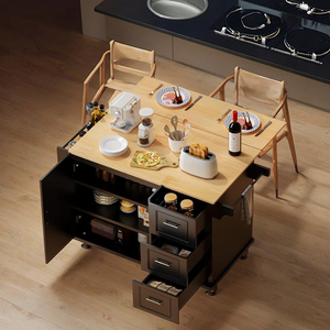 Grand chariot roulant à îlot de cuisine avec 3 tiroirs 1 armoire porte-serviettes à épices-Rangement de table de salle à manger mobile noir - Product Image 5