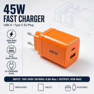 Cargador de Pared de 45W con Doble Puerto A+C, Enchufe Europeo, Carga Rápida PD PPS para Teléfono Móvil y Tableta, Naranja - Product Image 1