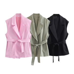 Chaleco Retro de Mujer, Tejido en Poliéster, Cuello en V, Sin Mangas, con Cinturón, Color Sólido, Casual, Ecológico, Transpirable, con Logotipo Frontal, Nuevo Estilo - Product Image 1