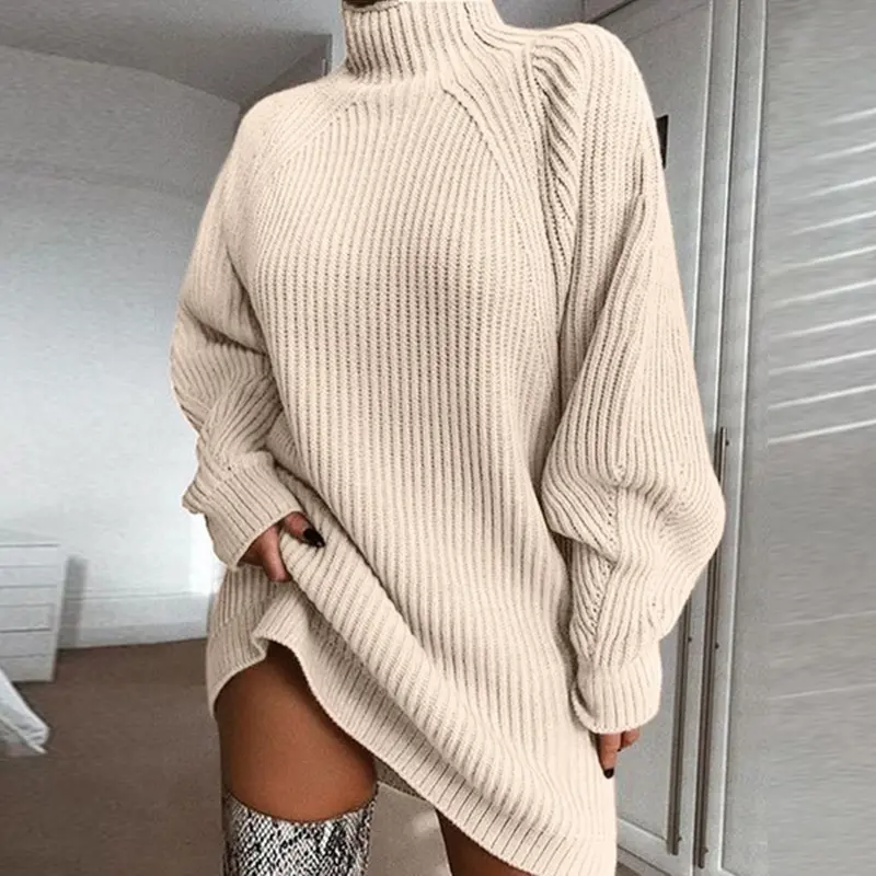 ZC MY6327 Gaun Sweater Lengan Panjang Wanita, Gaun Rajut Tunik Longgar Musim Gugur Musim Dingin Wanita Turtleneck