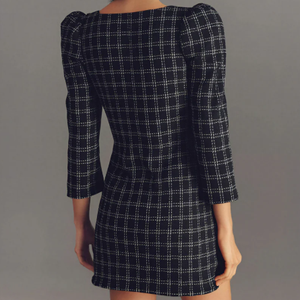 Robe mini en tweed à carreaux pour femmes, col carré, manches bouffantes, tenue de bureau élégante et formelle - Product Image 2