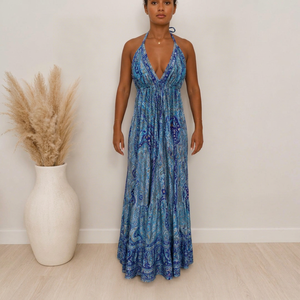 Women's Dark Blue Paisley Print Boho <b>Halter</b> Maxi <b>Dress</b> Sleeveless Regular Fit <b>Summer</b> Casual Woven Chiffon 100% Silk Quick Dry - Product Image 1