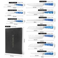 Ensemble de 10 couteaux de cuisine en acier Damas à motif laser avec manche en résine bleue, couteau de chef japonais Nakiri Kiritsuke, couteau utilitaire avec boîte cadeau