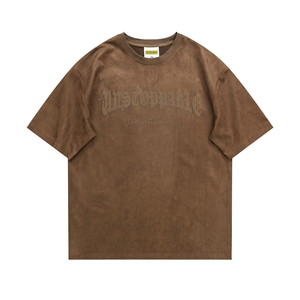 T-shirt Qidian Garments pour homme, coupe ample, marron, imprimé lettres en relief, manches courtes, col rond, style streetwear, jersey en coton - Product Image 1