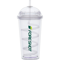 Gobelet en plastique PS à double paroi de 16 oz, avec logo personnalisé, transparent, avec couvercle en forme de dôme et paille torsadée