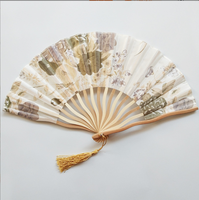 Éventail pliant chinois vintage à motif floral en bambou, imprimé oriental, avec pompon, idéal pour les mariages et les cadeaux de fête