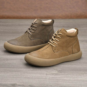 Chaussures de marche pour hommes en cuir véritable, bout rond, à lacets, respirantes, semelle extérieure en caoutchouc, printemps automne, décontractées, confortables - Product Image 2