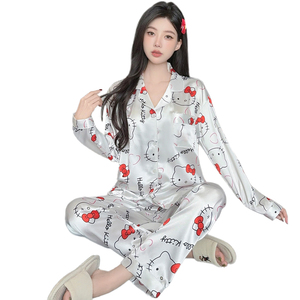 Dễ thương phim hoạt hình in cổ áo của phụ nữ dài tay áo hàng đầu và quần đặt thoải mái áo khoác ngoài Kiểu loungewear - Product Image 1