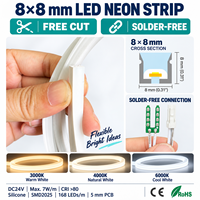 Bande LED néon découpable 24V 8x8mm sans soudure en silicone, flexible, pour armoires de cuisine, placards et étagères