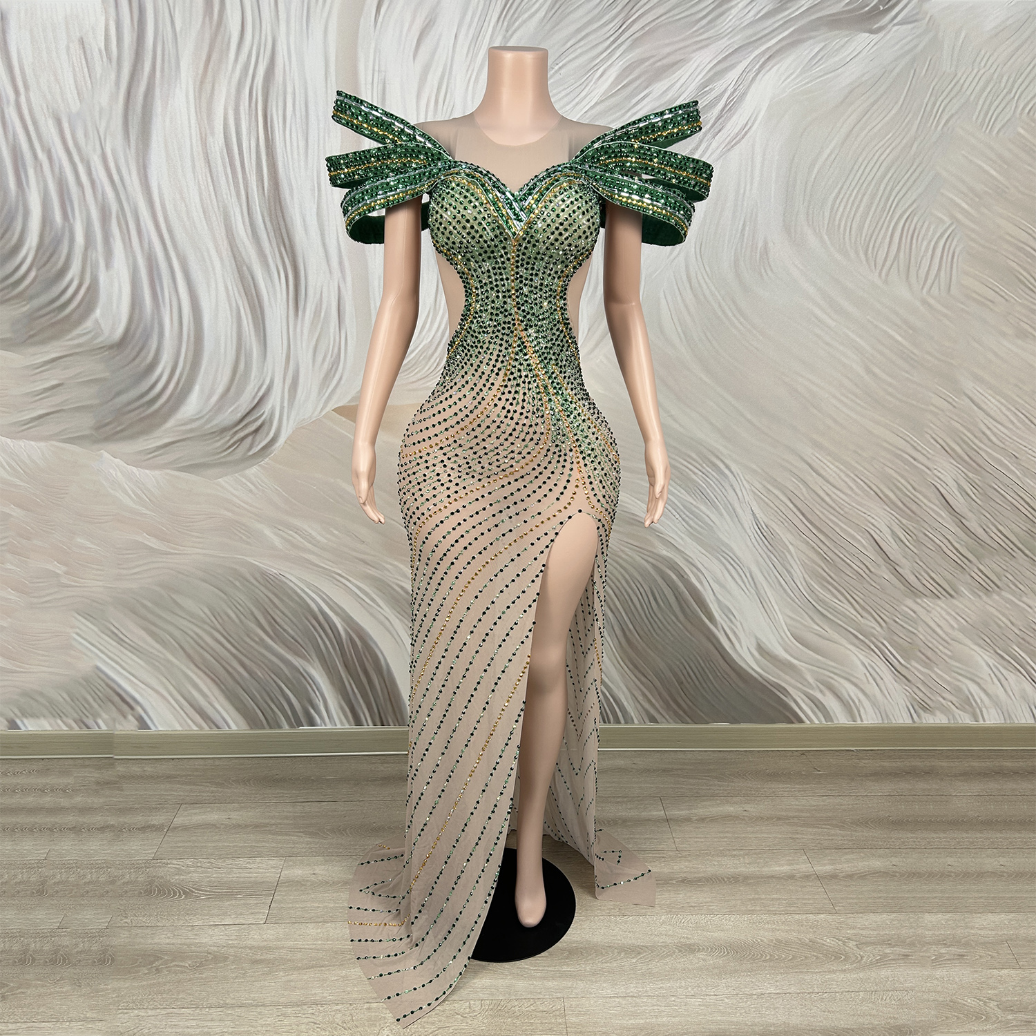 open lace back dress Nude Sparkly Long Sophisticated Formal Dress With Detachable Train main image 1