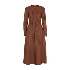 Fabricante personalizado Primavera Verano marrón cuello polo <span class=keywords><strong>manga</strong></span> larga cinturón mujer ropa <span class=keywords><strong>cuero</strong></span> Midi camisa <span class=keywords><strong>vestido</strong></span> - Product Image 1