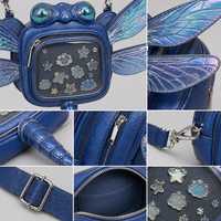 Sac bandoulière Ita Bag en cuir PU bleu en forme de libellule avec fenêtre en PVC, ailes irisées, fabrication d'échantillons OEM ODM