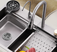 Évier de cuisine moderne en acier inoxydable noir à usage commercial, multifonctionnel, à cascade, à cuve unique, fait à la main, avec robinet