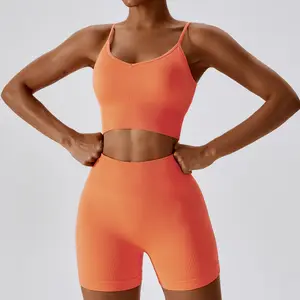 Yüksek bel özel popo ezme şort dikişsiz nervürlü spor sutyen tankı üst giyim Yoga Fitness pantolonu spor tayt kadınlar için setleri
