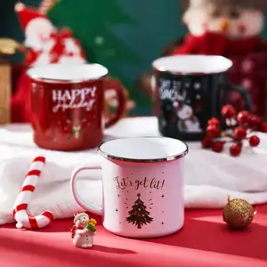 12 oz Mug kopi Natal api unggun Enamel Santa rusa besar manusia salju Selamat Natal Mug anak-anak berkemah cangkir Natal