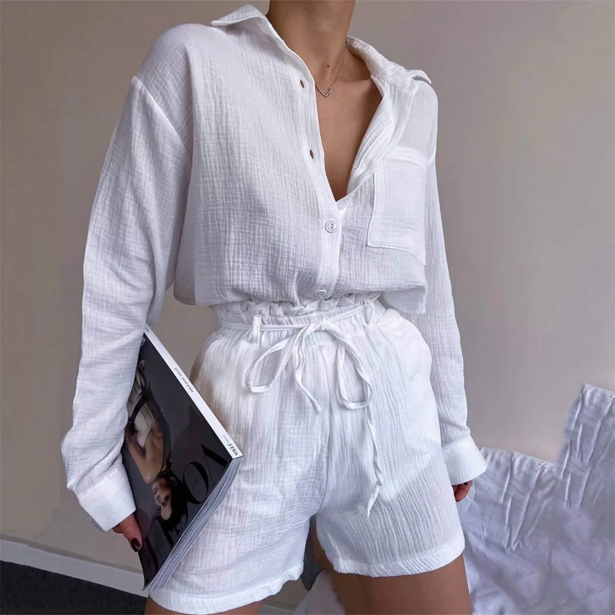 Enyami Sommer Herbst Frühling gemütlicher Körperbau Baumwolle Langärmeliges Hemd Bluse Schnürshorts lässig 2-teilig Damen Co Ord Sets