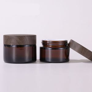 Custom Brown Face Cosmetic <b>Container</b> 5g 10g 15g 20g 30g 50g 100g Amber Glass Cream Jars with <b>Plastic</b> Bamboo Wood Lid - Product Image 5