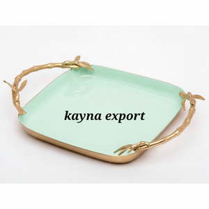 Nuevo diseño de alineación chapado en oro con esmalte verde acabado mango de diseño de bambú bandeja artesanal de fundición de metal de aluminio - Product Image 1