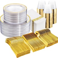 Assiettes transparentes avec bord doré, ensemble de vaisselle jetable pour mariage et fête, ensemble de vaisselle jetable pour 10/25/50 personnes