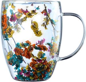 Vente en gros de tasses à café et à thé en verre borosilicate à double paroi isolées de 12 oz avec fleurs séchées - Product Image 1