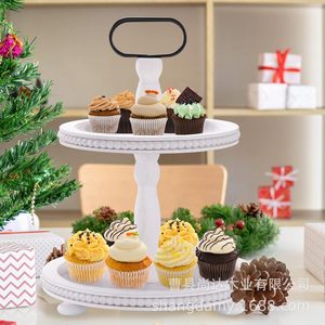 Bandeja rústica de madera con cuentas, soporte de frutas de dos niveles para mesa, soporte redondo de madera para postres y pasteles, decoración para mesa. - Product Image 2