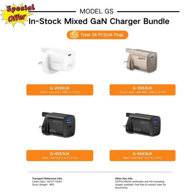 In Stock Mixed GaN Charger Bundle UK Plug 20W 30W 45W 65W USB-C Multi Port Fast Wall Charger Wholesale Lot