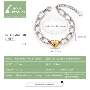 Bracelet à maillons en forme de cœur bicolore en acier inoxydable plaqué or 18 carats, maillons texturés argentés - Product Image 2