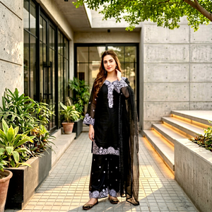 Ensemble Kurta et pantalon Palazzo noir pour femme avec dupatta brodé de fleurs blanches – Tenue ethnique élégante - Product Image 1