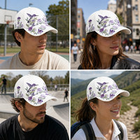 Casquette de baseball blanche en sergé de coton à six panneaux, broderie florale colibri, réglable 56-62cm, logo personnalisé, vente en gros, OEM, faible MOQ