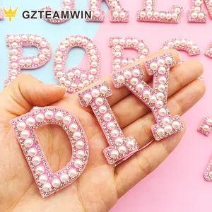Parches de A-Z con perlas rosas, apliques de diamantes de imitación con letras, parche con cuentas, insignia de rayas, DIY