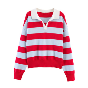 PB&ZA Nuovi Arrivi Estivi all'Ingrosso: Camicia Polo a Righe Casual da Donna con Scollo a V e Maniche Lunghe 5536056 - Product Image 2