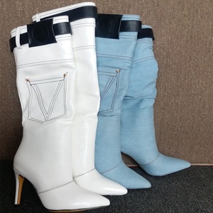 2021 New Fancy Half Knee High <b>Boots</b> Fashion Solid Pointed Toe Mid Calf <b>Boots</b> Denim With Belt New Winter Plus Size 47 - Product Image 4