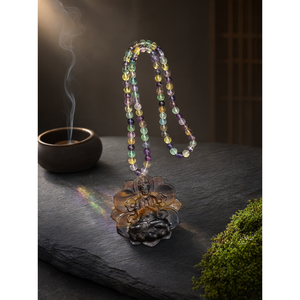 Mala de cuentas de fluorita multicolor de 8 mm con exquisito colgante tallado de Kwan Yin Bodhisattva para uso diario, meditación y corporativo - Product Image 3