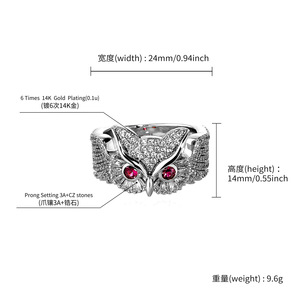 Anello Personalizzato Hip Hop Placcato Oro 14K a Forma di Gufo in Ottone con Zirconi Cubici e Occhi Rossi per Uomo - Product Image 2