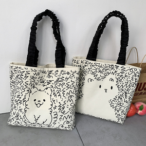 Sac fourre-tout en toile pour femme, motif chat et chien de dessin animé mignon, grande capacité, idéal pour l'été, pour étudiants et le shopping - Product Image 1