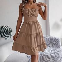 Nouvelle Robe Décontractée Sans Manches à Bretelles Col Carré Taille Empire Antistatique à Volants Tissée Longueur Genou pour Femme Style Européen et Américain