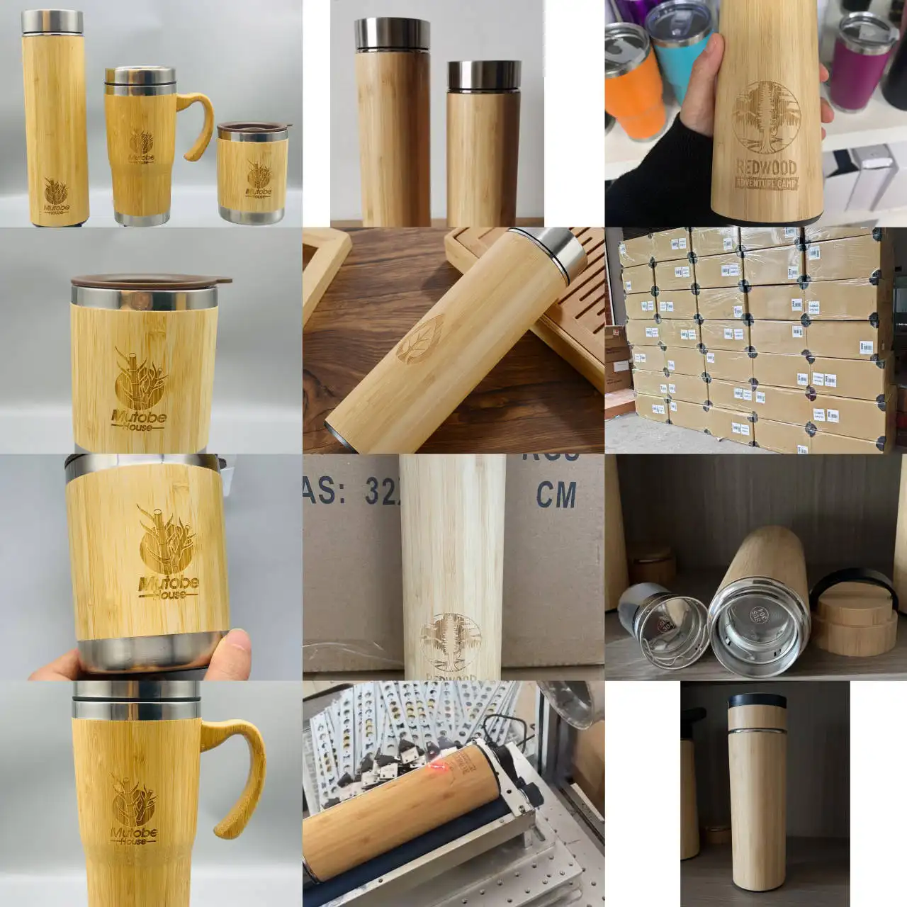 Copo de bambu de parede dupla de boca larga Garrafa de água de bambu de aço inoxidável com logotipo personalizado com tampa à prova de vazamento