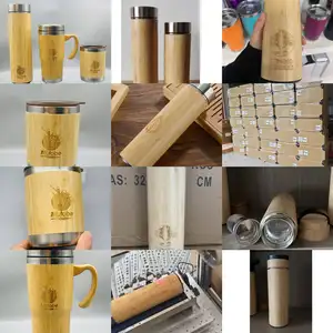 Copo de bambu de parede dupla de boca larga Garrafa de água de bambu de aço inoxidável com logotipo personalizado com tampa à prova de vazamento