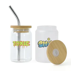 Hot Sale 3oz sublimation Frosted clear Beer Can Shaped Drinking Glasses 3 oz mini tumbler Glass Cups with Bamboo Lid and Straw