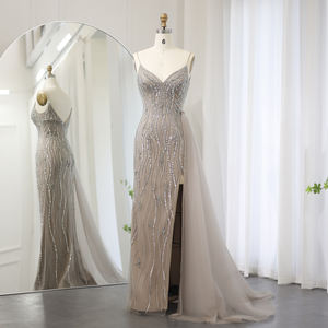 Champagne <b>Spaghetti</b> <b>Strap</b> Straight Evening <b>Dress</b> Overskirt Side Slit Floor-Length Party <b>Dresses</b> for Women Wedding 3D Pleat - Product Image 1