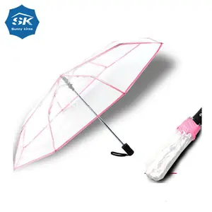 자동 열기 닫기 접는 21 인치 클리어 스타일 핑크 가장자리 PVC 우산