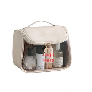 Bolsa de Cosméticos de Cuero PU de Lujo Personalizada, Bolsa de Almacenamiento de Artículos de Aseo Transparente de TPU para Viaje, Bolsa de Maquillaje Transparente para Mujer con Gancho para Colgar - Product Image 1