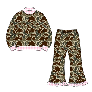 Customize kids Girls <b>Camo</b> Print 2Pcs Casual Sets Long Sleeve Mock Neck <b>Top</b> Pants with Pink Gingham Trim Boutique Autumn Outfits - Product Image 3