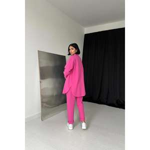 Conjunto casual de camisa Oxford fucsia para mujer y pantalones con botones a presión de manga larga - Product Image 5