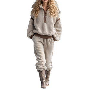 Set di felpe e pantaloni in pile di orsacchiotto Beige Casual Casual di alta qualità - Product Image 1