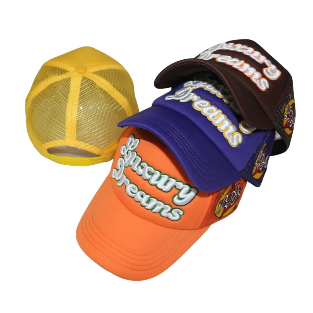 Boné de espuma para caminhoneiros country country, chapéu com 5 painéis amarelos de malha personalizada de alta qualidade, camurça vintage para crianças, chapéus bordados com logotipo liso